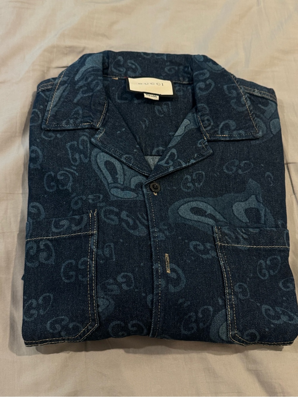 Gucci Dark Blue Denim Monogram Button-Down Shirt